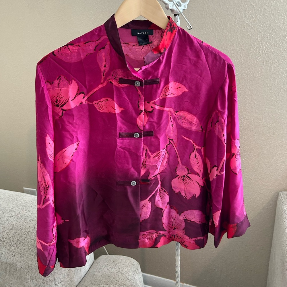 Natori Pink Floral Blouse Mandarin Collar Top XS